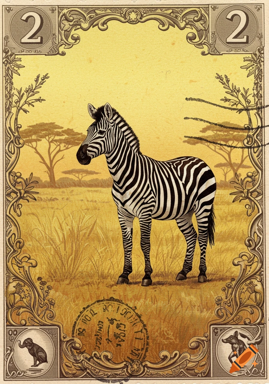 A vintage stamp-style illustration of a zebra in a savanna, with ornate borders and the number two.