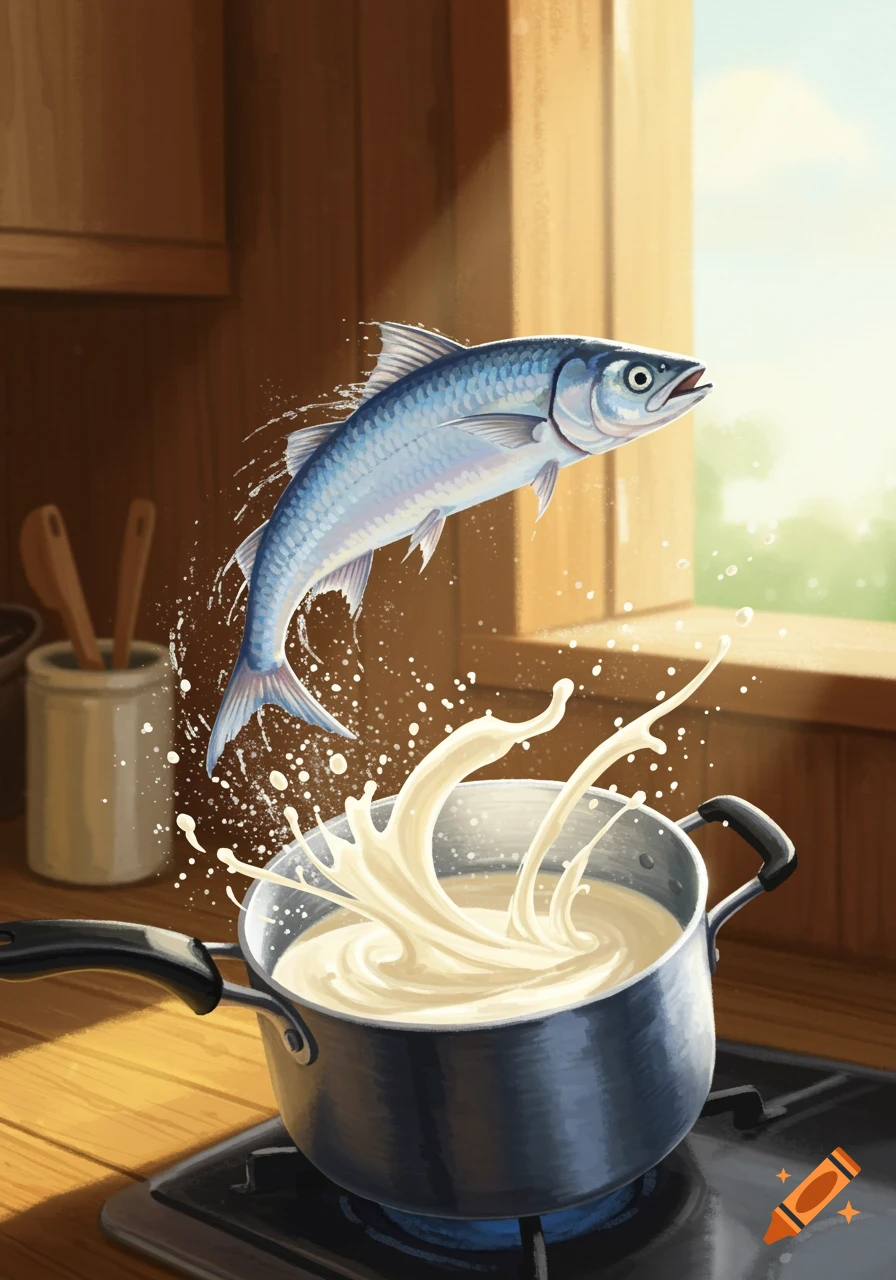 A blue fish leaps from splashing water into a pot of creamy batter on a kitchen stove.