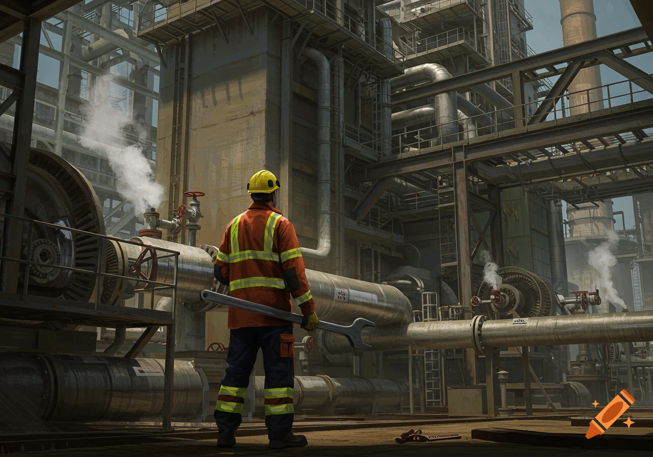 Photorealistic image of a man in high-visibility clothing and hard hat holding a wrench in an industrial power station.