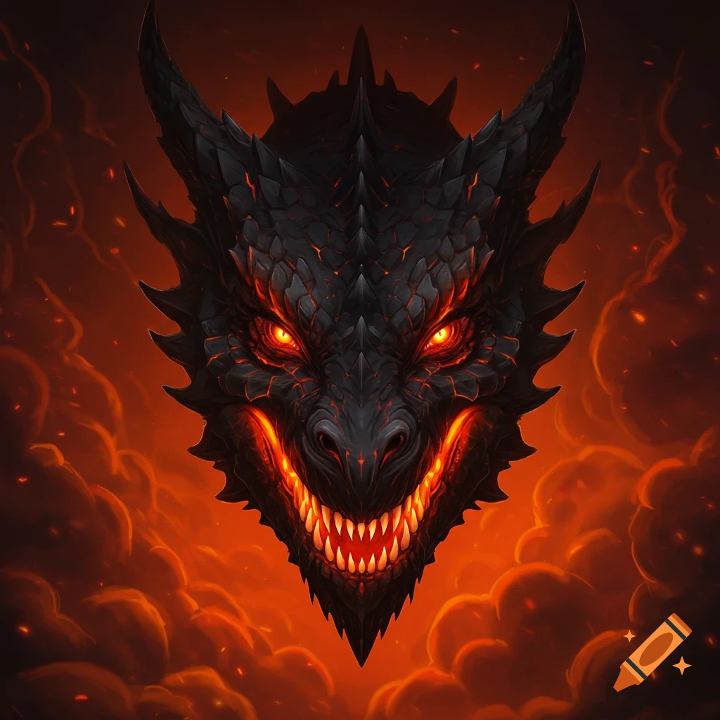 A close-up of a black dragon's head with glowing orange eyes and a fiery mouth full of sharp teeth, against a red, smoky background.