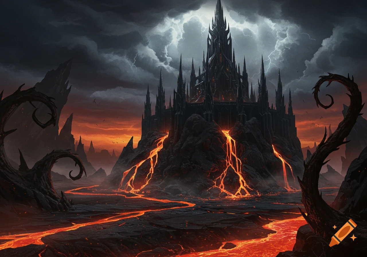 A dark, obsidian fantasy castle surrounded by flowing lava under a stormy, lightning-filled sky.