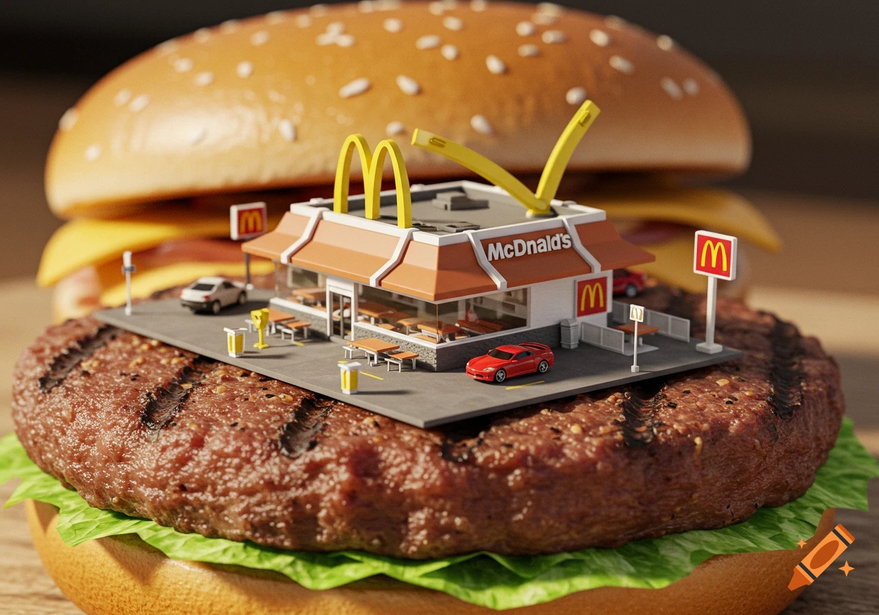 A hyper-detailed miniature McDonald's restaurant with tiny cars and golden arches sits on a realistic hamburger patty with a blurred background.