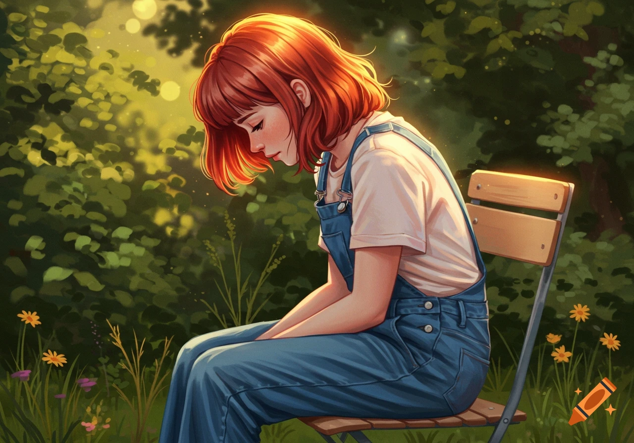 A shy red-haired woman with bangs, wearing blue overalls and a t-shirt, sits slumped on a folding chair in a sunlit green garden. Illustrated style.