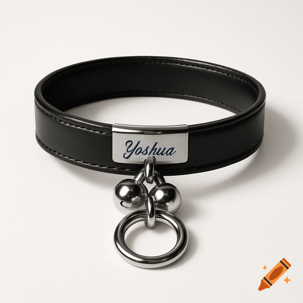 A black leather collar with a silver nameplate engraved with 'Yoshua' and two silver bells and a ring dangling from it, on a white background.