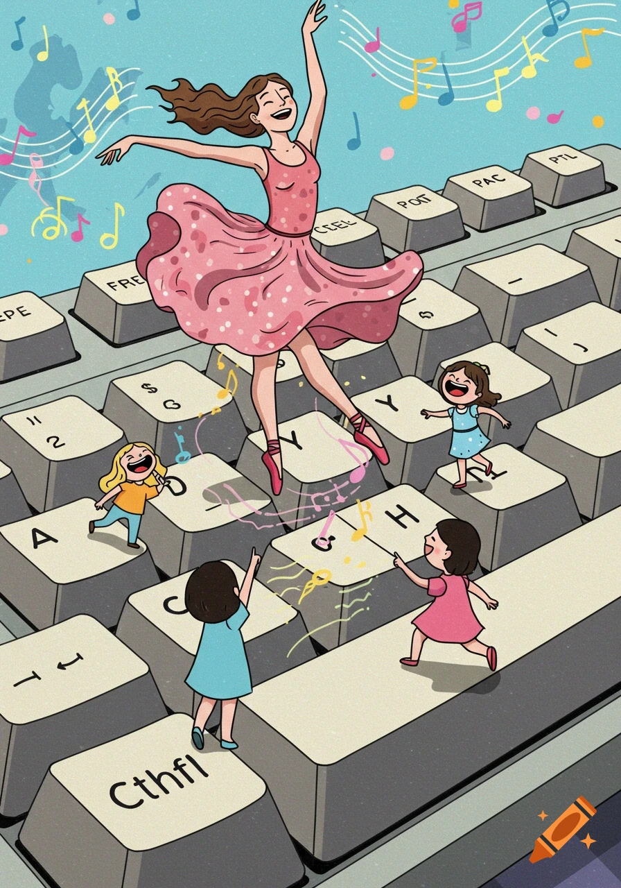 A cartoon woman in a pink dress dances on a giant computer keyboard with musical notes floating around. Three small girls play among the keys.