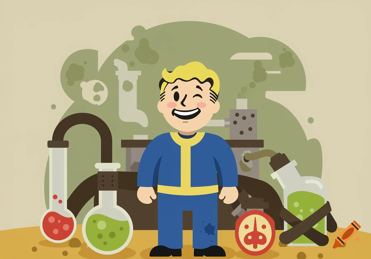 A cartoon illustration of Vault Boy winking, standing in a lab-like setting surrounded by beakers with red and green liquids and industrial machinery.