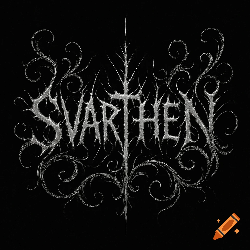 Silver, spiky black metal style logo for 'SVARTHEN' surrounded by ornate swirling patterns on a black background.