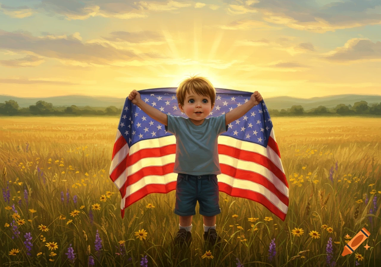 A young boy stands in a sunlit field, holding a large American flag behind him.