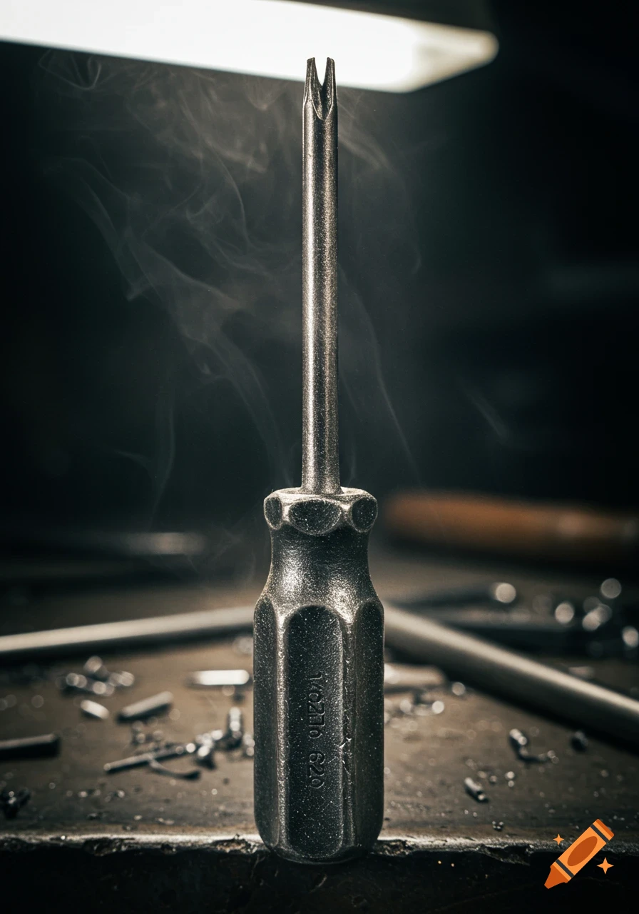 A detailed, dramatic close-up of a dark metal screwdriver bit standing upright on a smoky, grungy workshop table with debris.