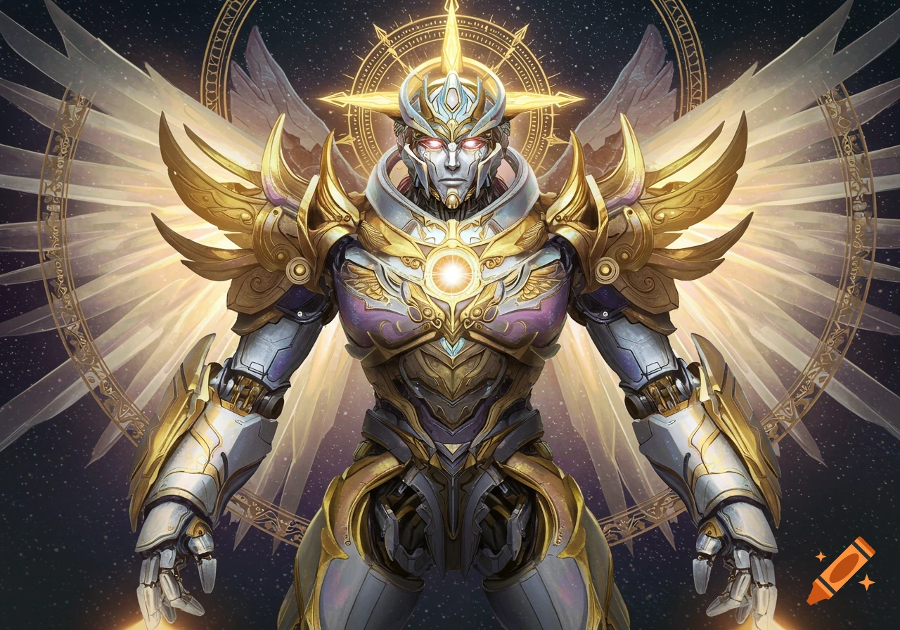 Majestic godlike robot in intricate gold and silver armor with glowing eyes and large light wings against a starry cosmic background.