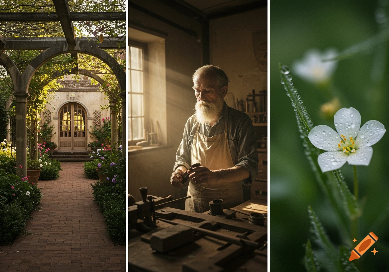 A triptych featuring a garden archway, an old man in a sunlit workshop, and a close-up of a white flower with water droplets.