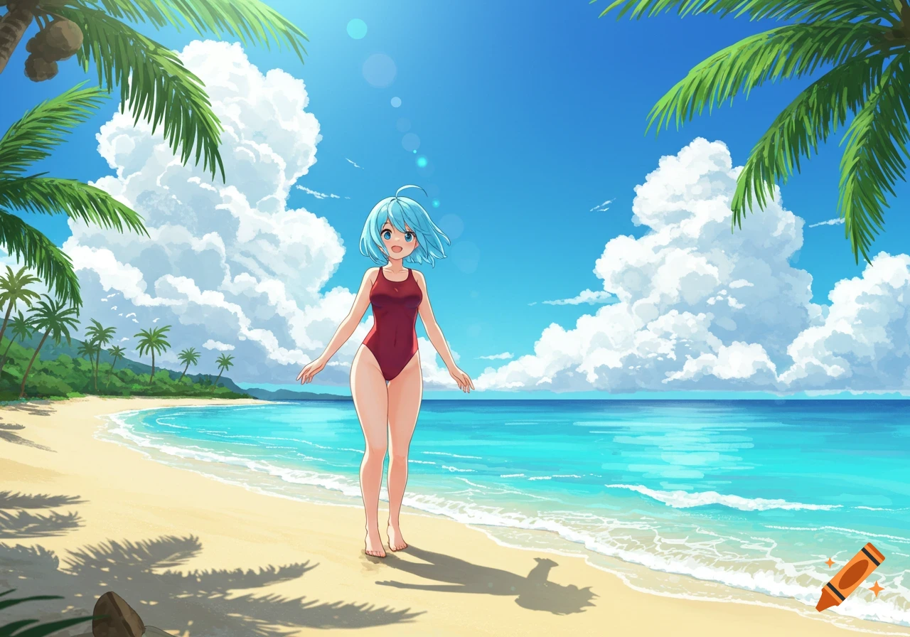 An anime girl with blue hair in a red swimsuit stands on a sunny tropical beach with palm trees and a blue ocean.