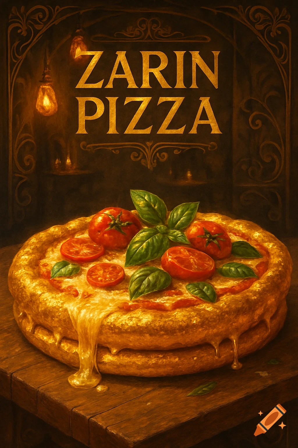 A vintage-style painting of a pizza with tomatoes and basil on a wooden table, with 'ZARIN PIZZA' text above.