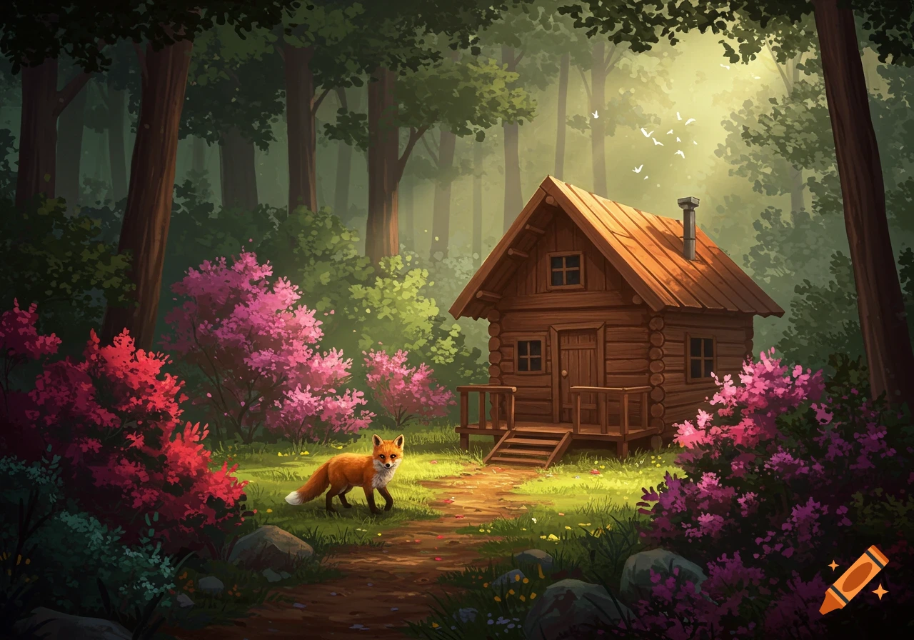 A charming illustration of a wooden cabin in a vibrant forest with pink flowers and a fox.