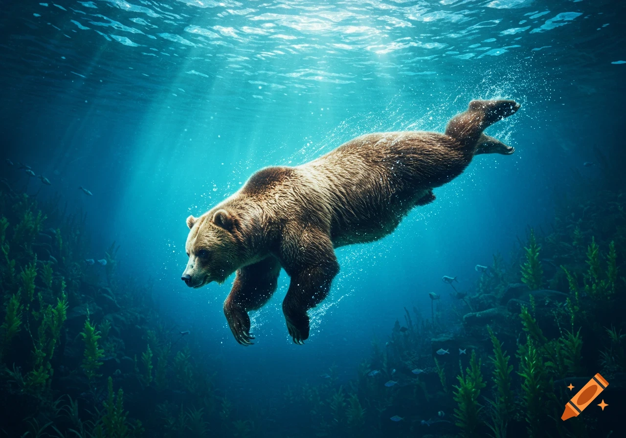 A large brown bear swims gracefully underwater, with sunlight rays piercing through the clear blue water from above.