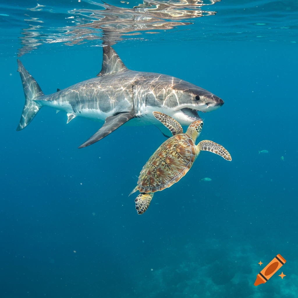 A photorealistic image of a great white shark with its mouth open near a sea turtle underwater.