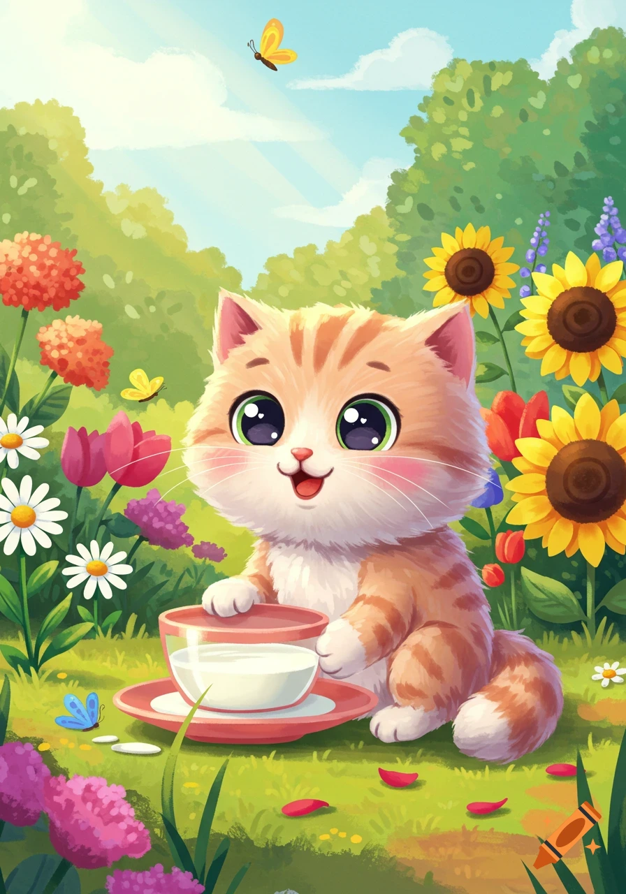 A cute cartoon kitten with big eyes smiles while sitting next to a bowl of milk in a vibrant, colorful garden filled with flowers and butterflies.