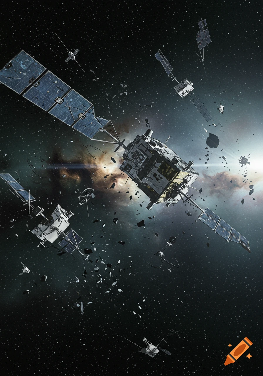 Broken satellites and space debris float amidst stars in a dark, cloudy cosmic background.
