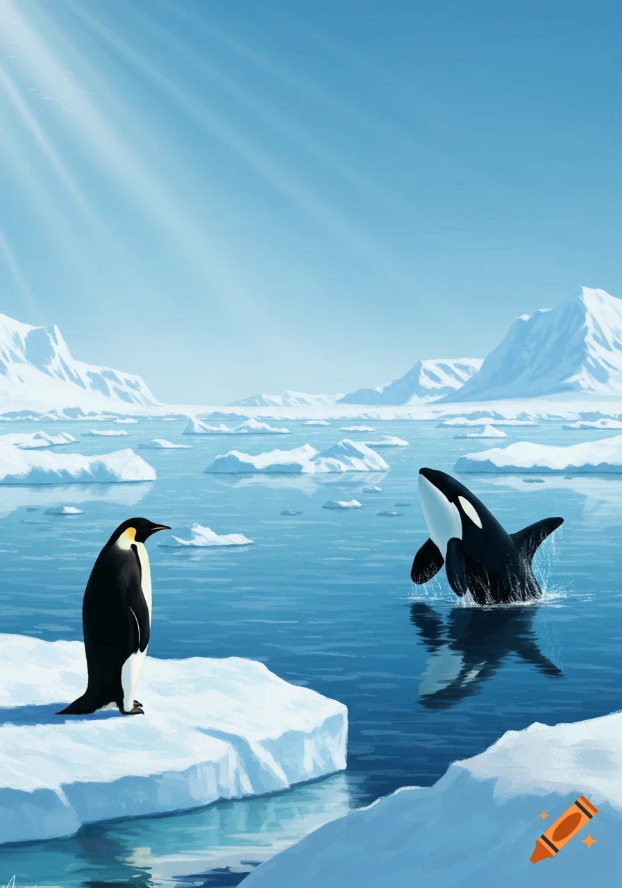 An emperor penguin stands on an ice floe looking at a killer whale jumping out of the water in an arctic scene.