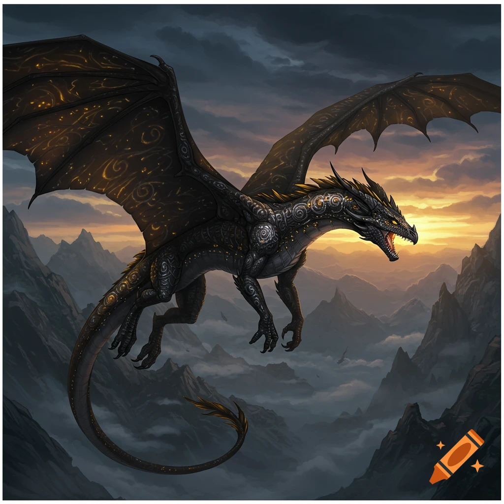 A majestic black and gold dragon with intricate patterns flies above misty mountains against a sunset sky.