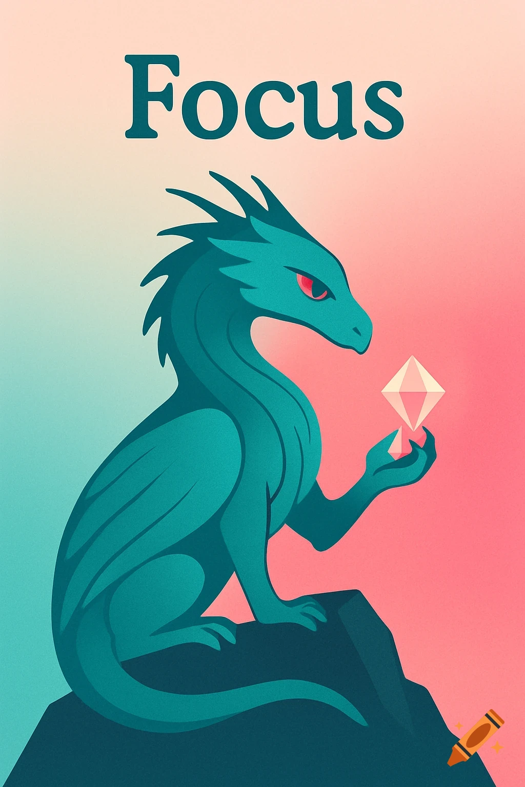 A stylized teal dragon sits on a dark rock, holding a faceted white gem, with the word "Focus" written above it. The background is a gradient from light teal to light pink.