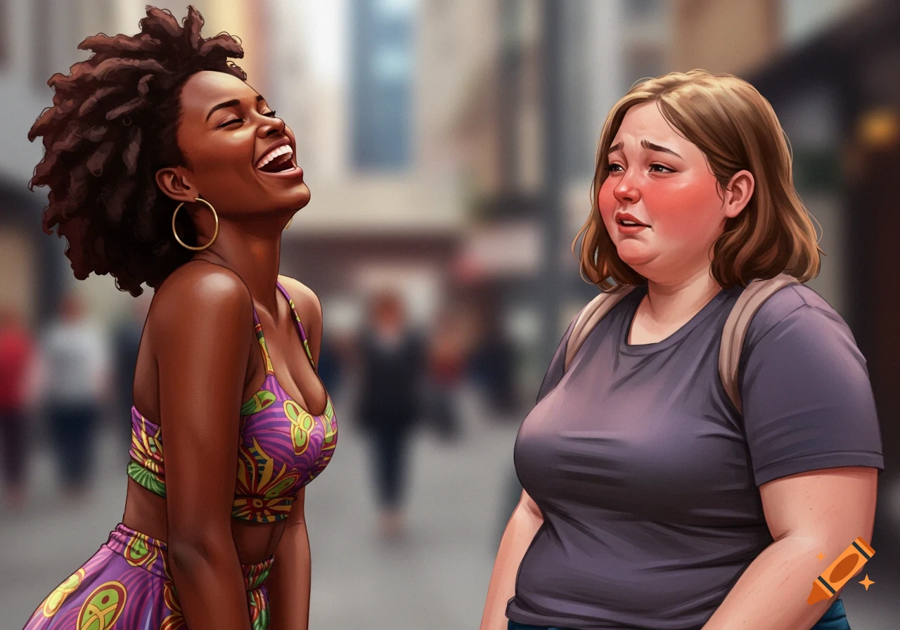 A woman with dark skin and curly hair laughs out loud next to an embarrassed-looking woman with lighter skin in a stylized street scene.
