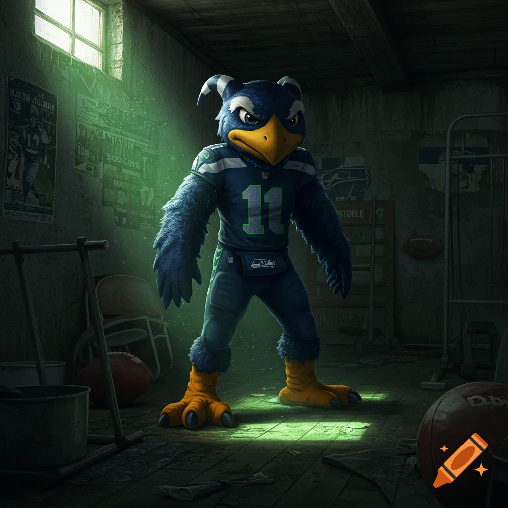 A dark, gritty image of a large, blue Seahawks mascot with a number 11 jersey standing in a dilapidated, green-lit basement.