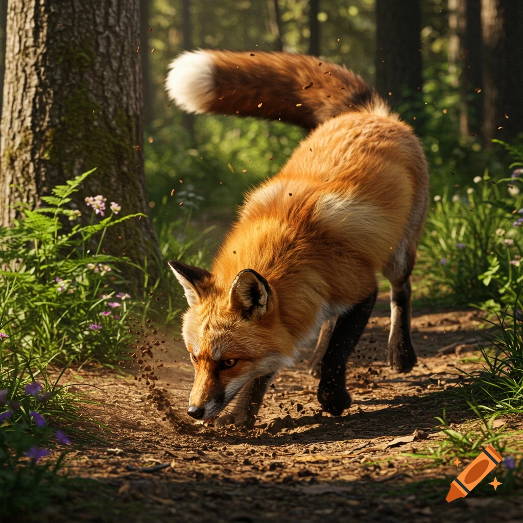 A photorealistic red fox digs in the dirt on a sunlit forest path, with leaves and dirt flying around.
