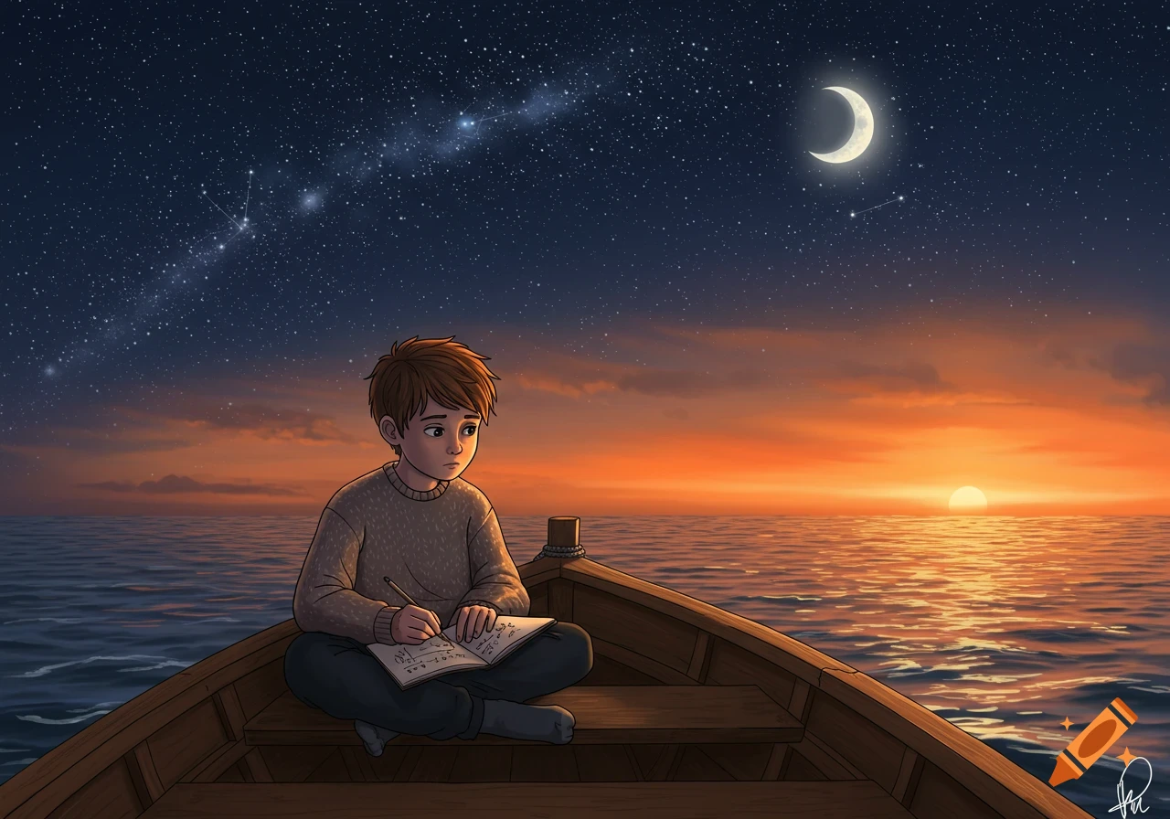 A stylized illustration of a boy in a wooden boat on a vast ocean, writing in a notebook under a starry night sky with a crescent moon and a vivid orange sunset.