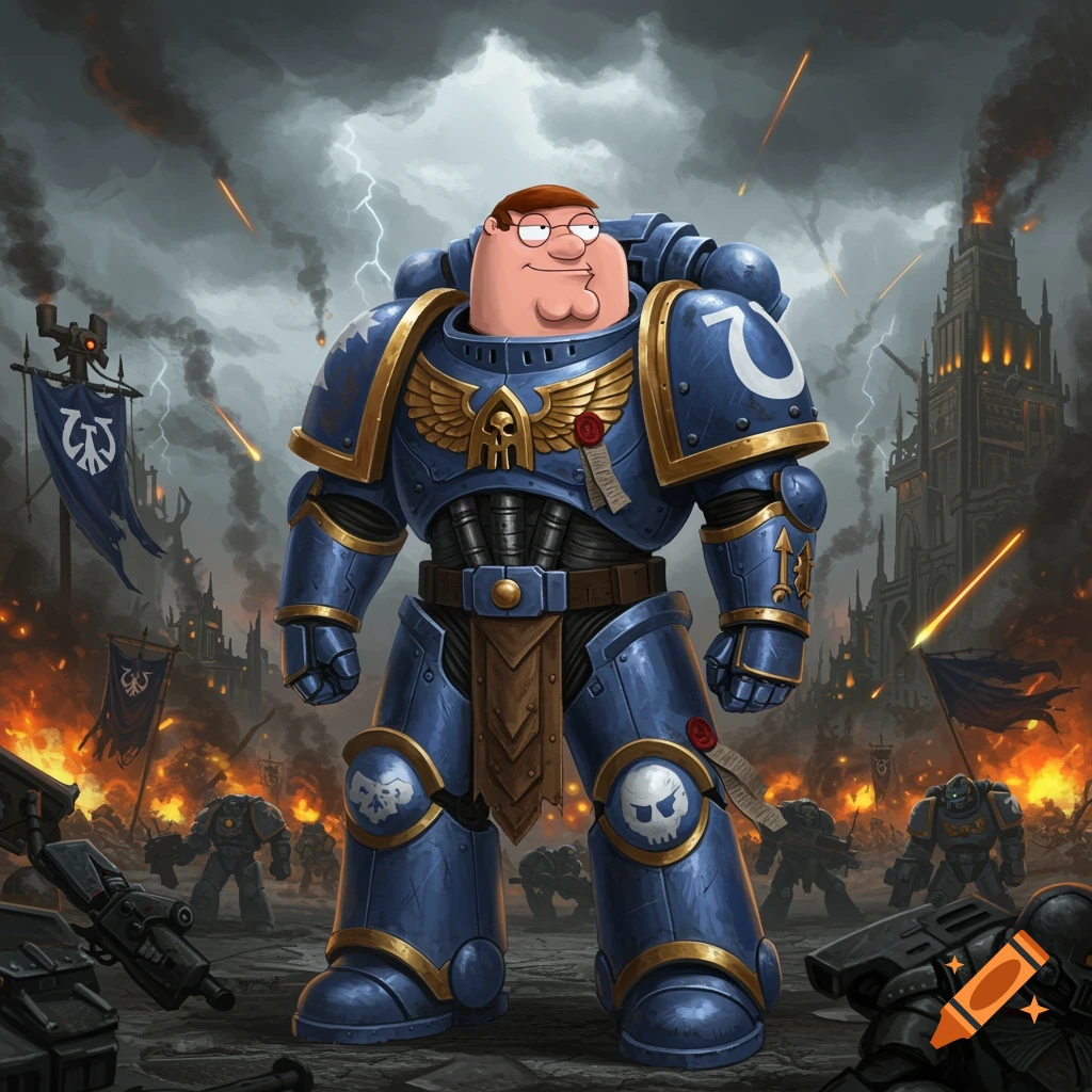 Peter Griffin depicted as a Warhammer 40k Ultramarine in full blue power armor, standing on a battlefield with burning buildings and lightning in the sky.