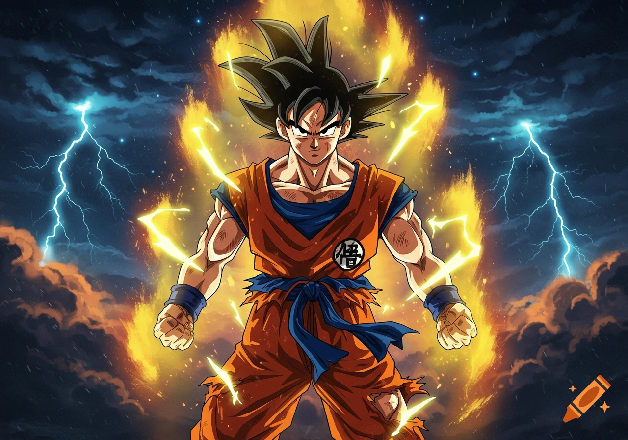 Goku from Dragon Ball in a powerful stance, surrounded by golden energy and lightning, in an anime style.