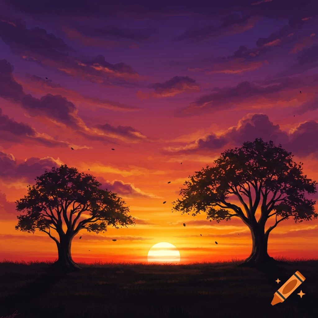 A vibrant sunset landscape with two silhouetted trees on a grassy hill against a colorful orange and purple sky.