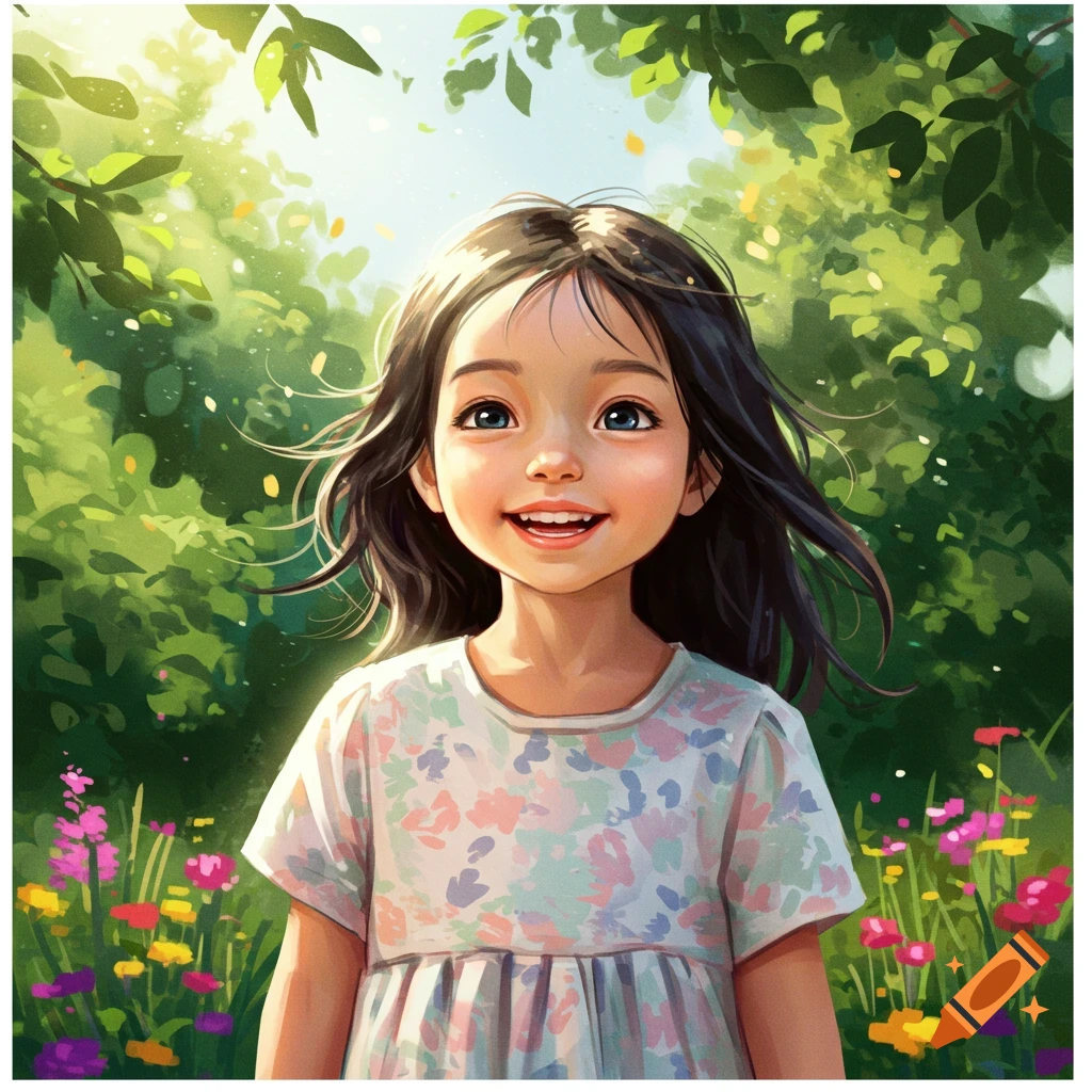 An illustration of a smiling young girl with dark hair and blue eyes, standing in a sunny garden surrounded by green foliage and colorful flowers.