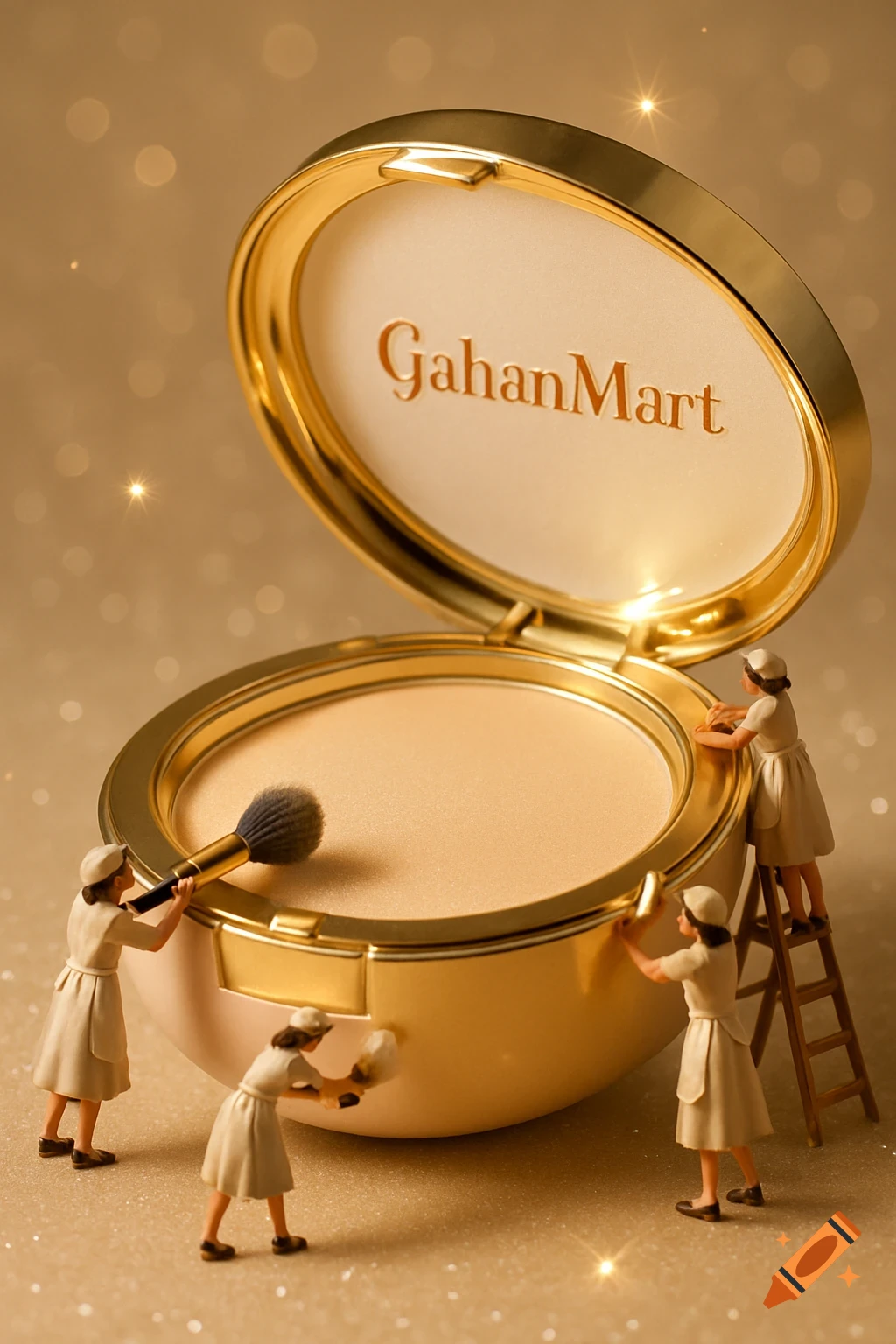 Tiny workers polish a large, open gold and beige compact powder case with a brush and cloths, 'GahanMart' visible inside.