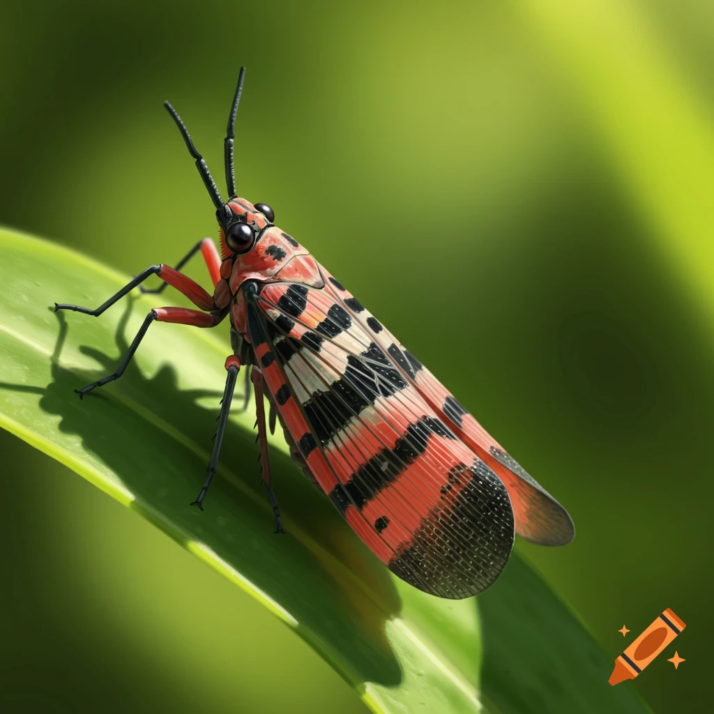 Close-up of a spotted lanternfly with red, black, and white wings on a green leaf in a photorealistic style.