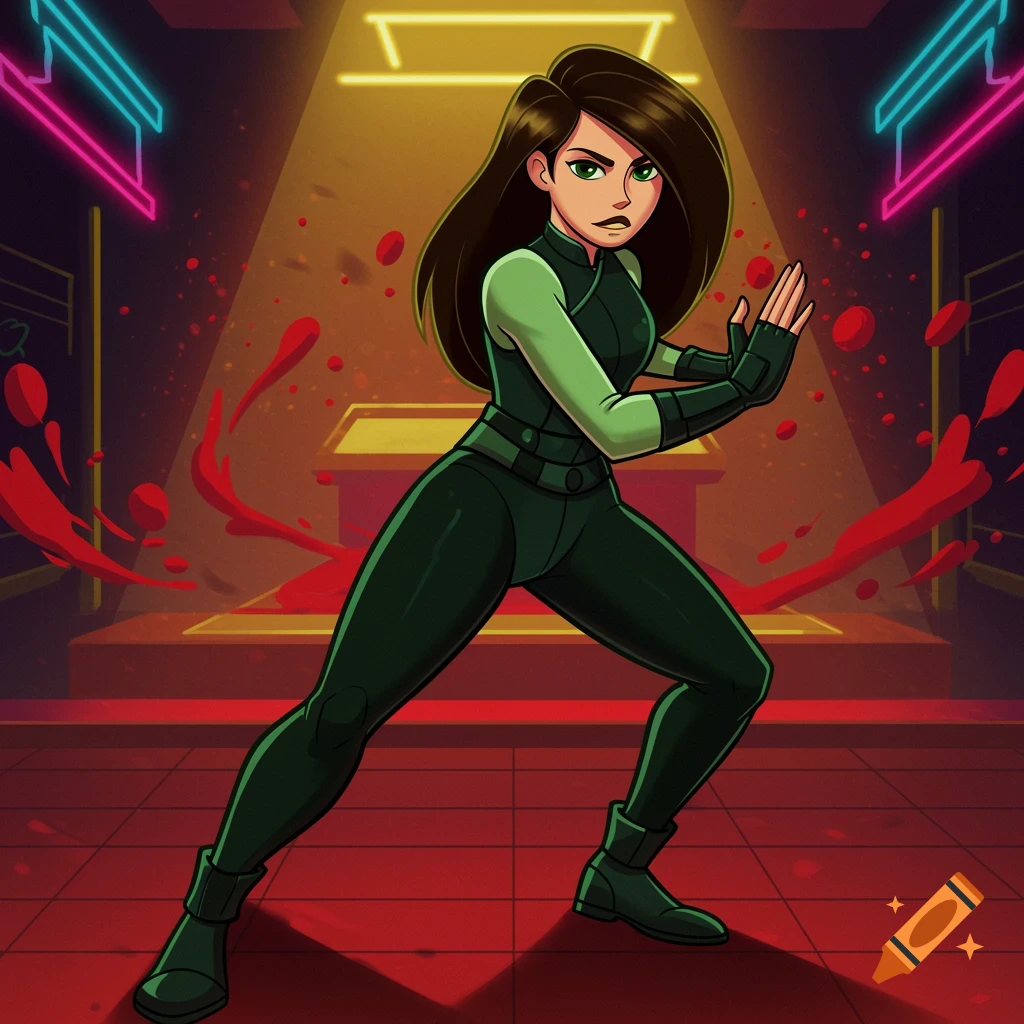 A cartoon woman with long brown hair, wearing a dark green and light green martial arts suit, stands in a fighting pose against a dark background with red and neon light accents.