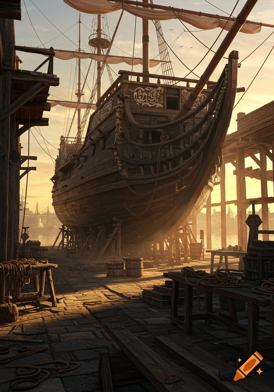 A large wooden sailing ship in a dry dock, surrounded by scaffolding and tools, illuminated by golden hour sunlight.