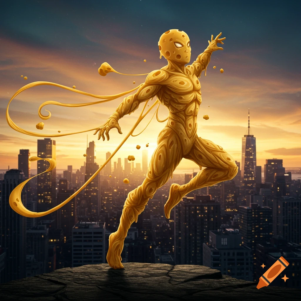 A superhero made of stringy cheese stands on a building overlooking a city skyline at sunset, with cheese strands flowing behind.