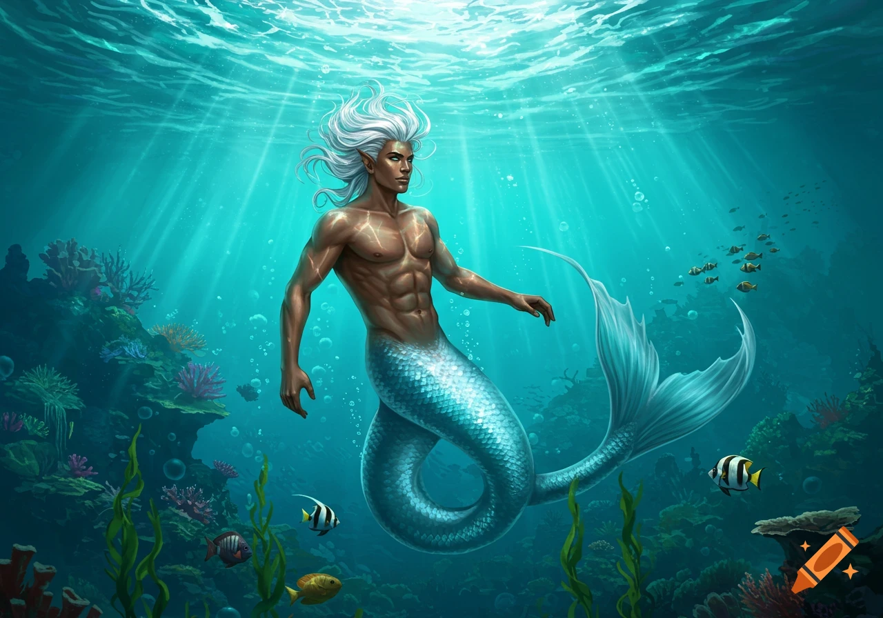 A male merman with white hair and a toned body swims in clear blue water surrounded by coral and fish.