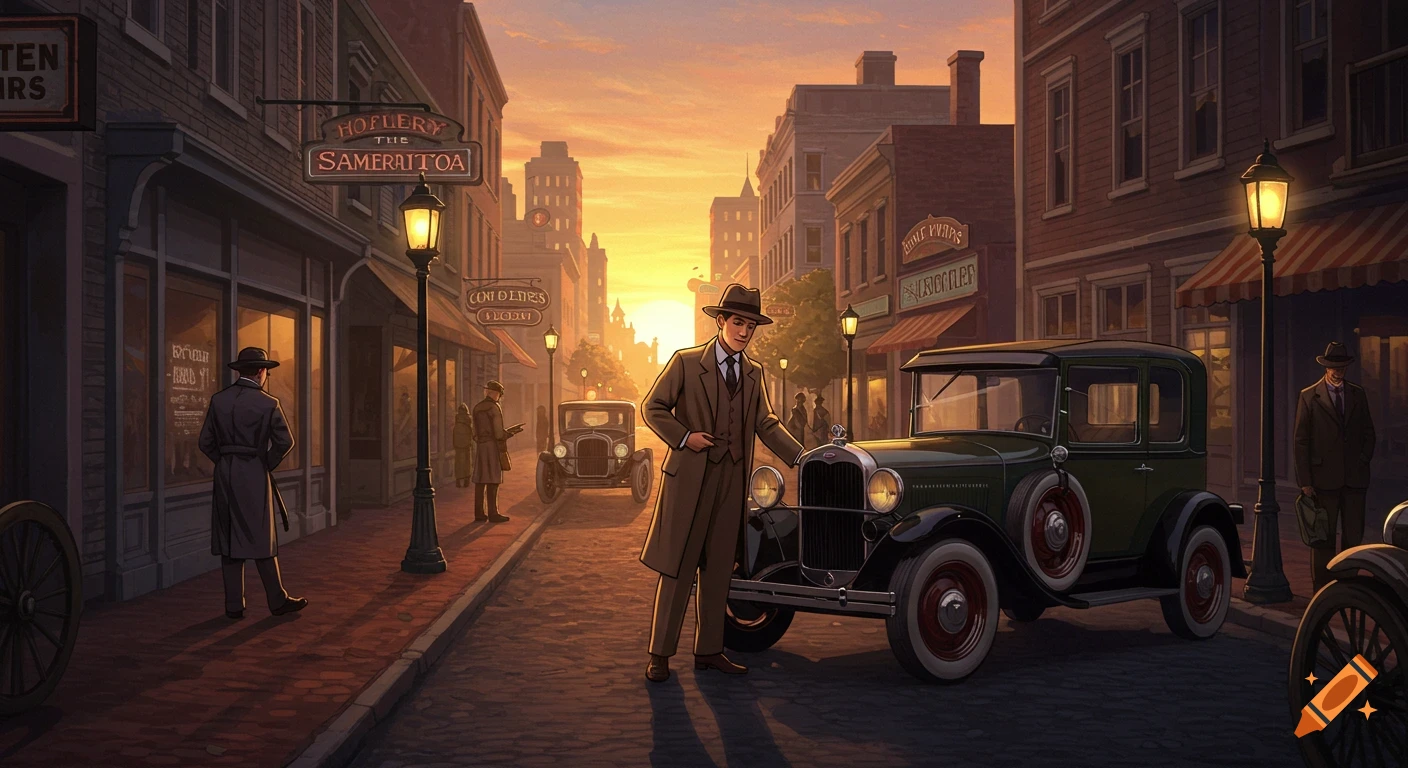 A man in a trench coat and fedora stands next to a vintage car on a street at sunset, with other figures and buildings in an anime style.