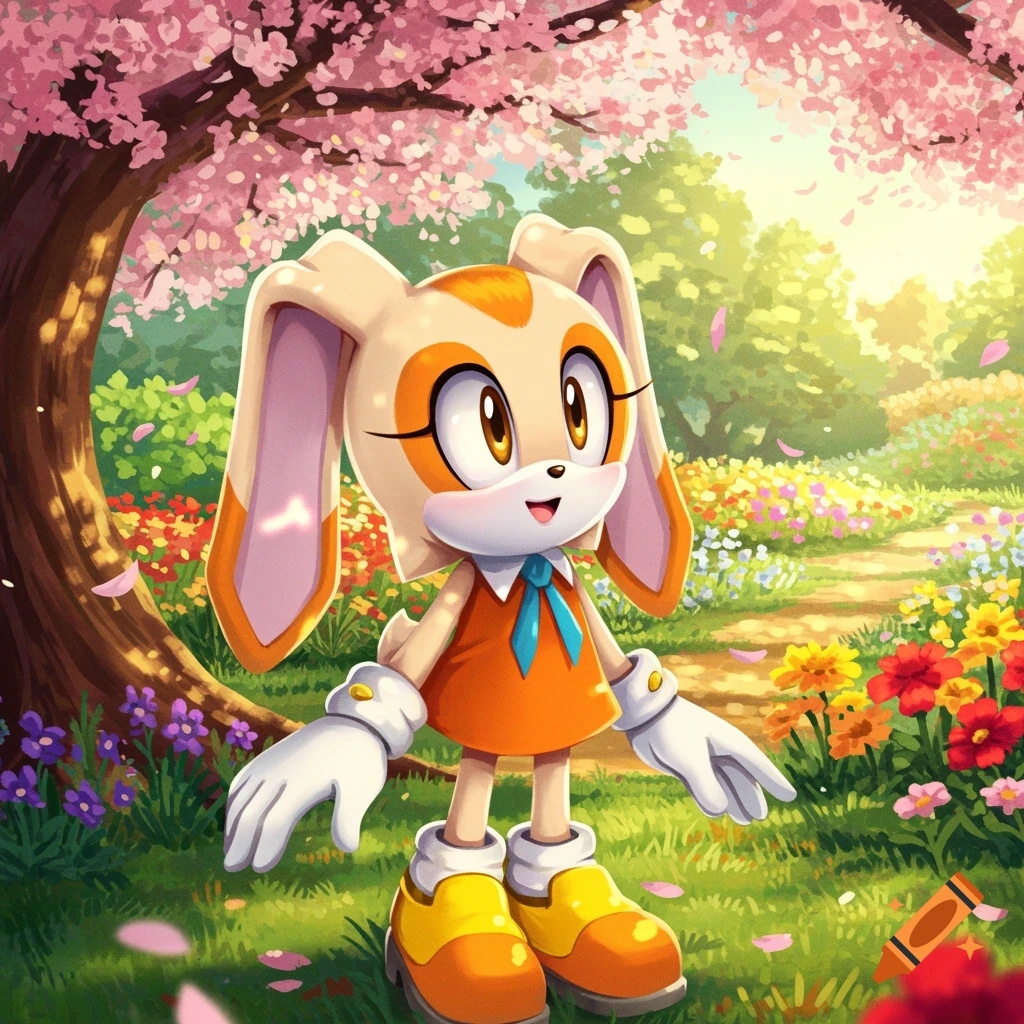 Cream the Rabbit stands in a sunlit spring garden with pink cherry blossoms and colorful flowers, in an anime style.