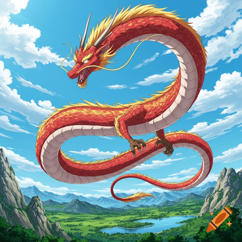 An anime style red and yellow dragon flies through a blue sky with clouds over green mountains and a lake.
