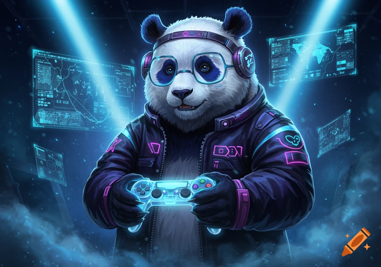 A futuristic panda in a glowing jacket, headphones, and glasses holding a game controller amidst holographic screens. Digital art.