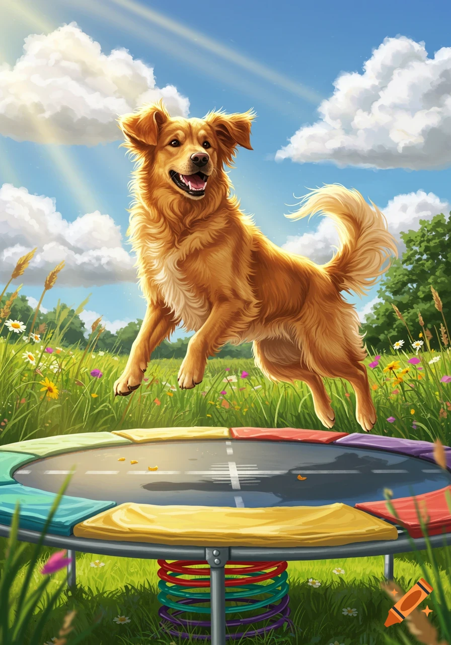 A happy golden retriever jumps high on a colorful trampoline in a sunny, flower-filled field under a blue sky.