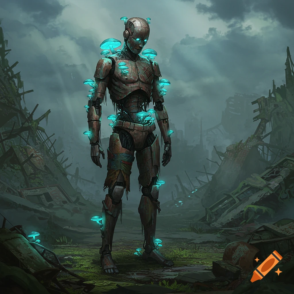 A rusty, damaged humanoid robot covered in glowing blue mushrooms stands in a desolate, ruined landscape under a cloudy sky.