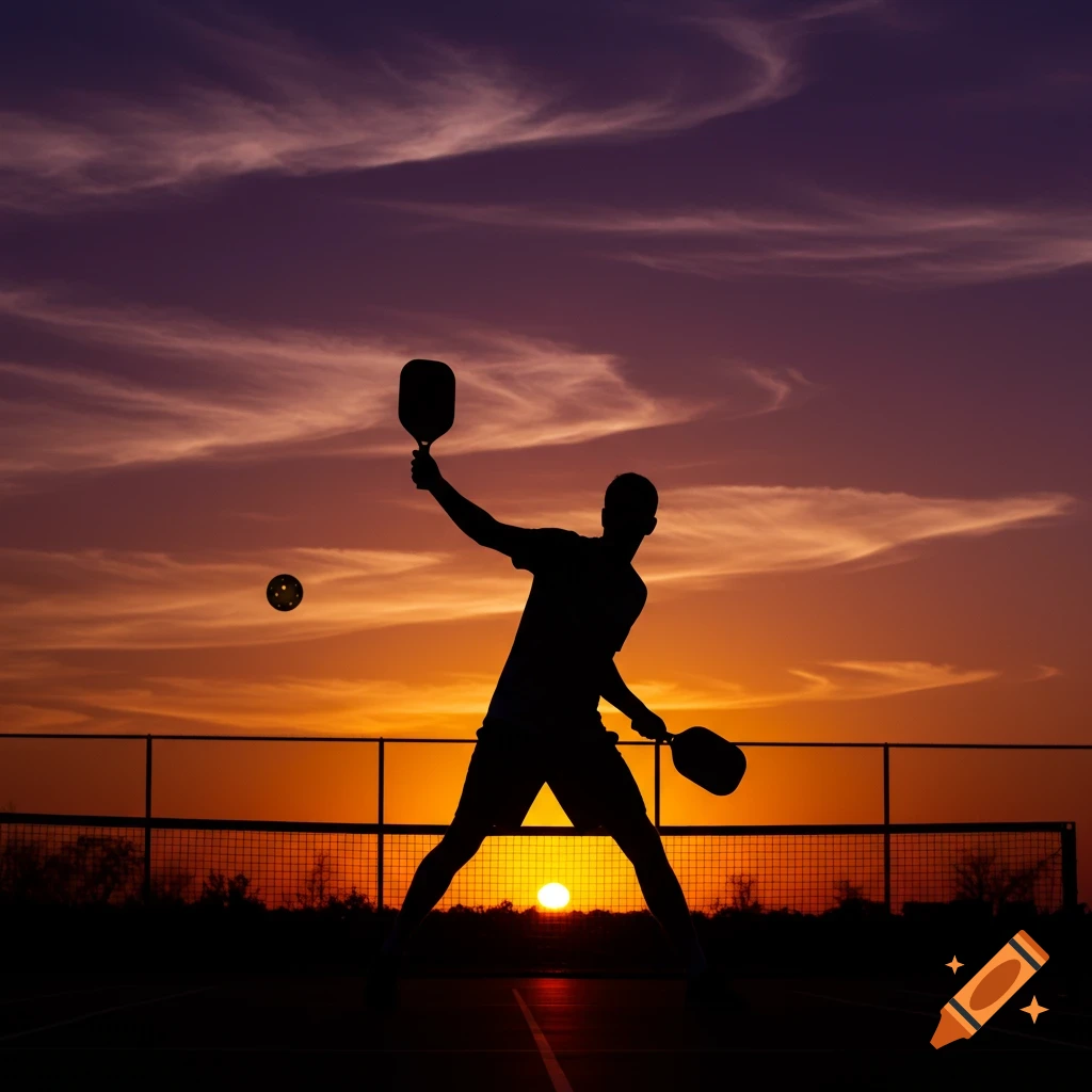 Silhouette of a person playing pickleball against a vibrant orange and purple sunset sky.