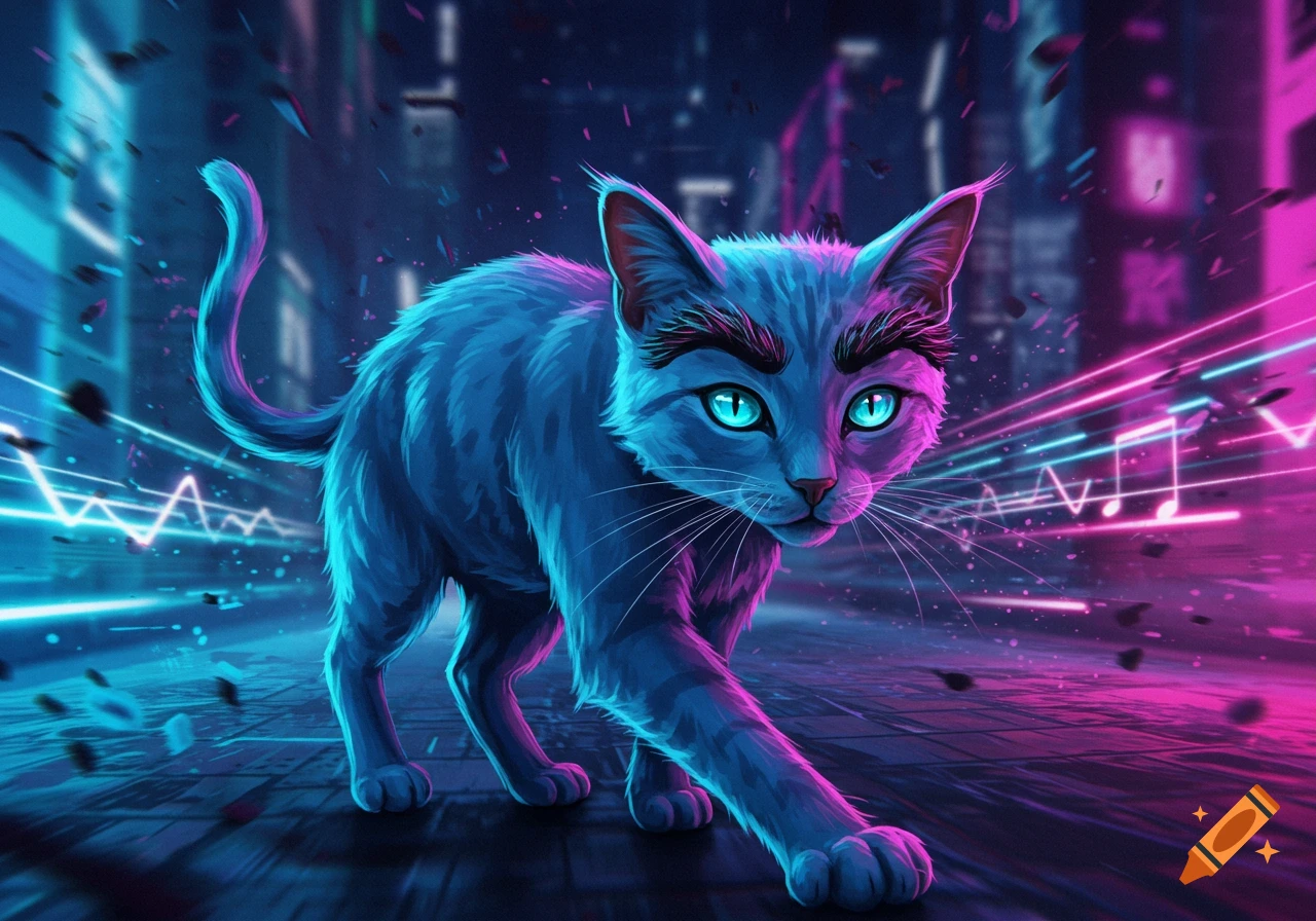 A stylized blue and pink neon cat with glowing eyes walks on a futuristic city street at night with glowing musical notes.