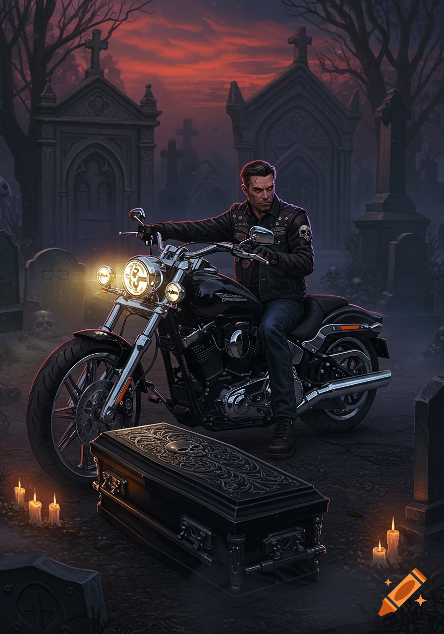 A man with slicked-back hair in a leather jacket sits on a black motorcycle in a graveyard at dusk. A decorated black coffin and candles are on the ground in front of the bike.