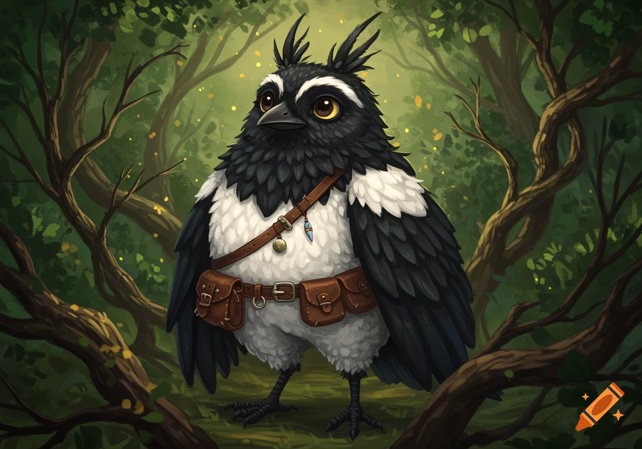 A cute, chubby, black and white bird character with large eyes, fluffed feathers, and leather pouches stands in a verdant forest.