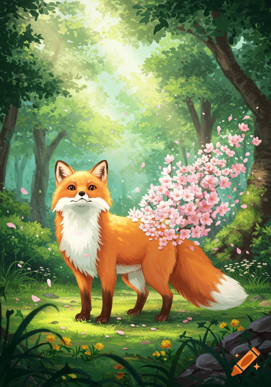 A Ghibli style red fox stands in a sunlit forest, with pink cherry blossoms growing from its back.